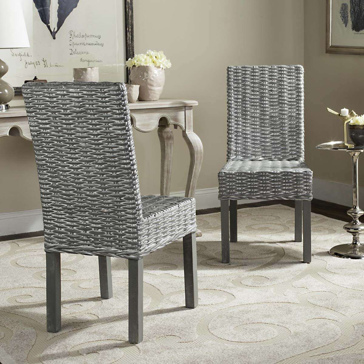 Safavieh Wheatley 18''H Rattan Side Chair, FOX6525 - Grey White Washed (Set of 2)