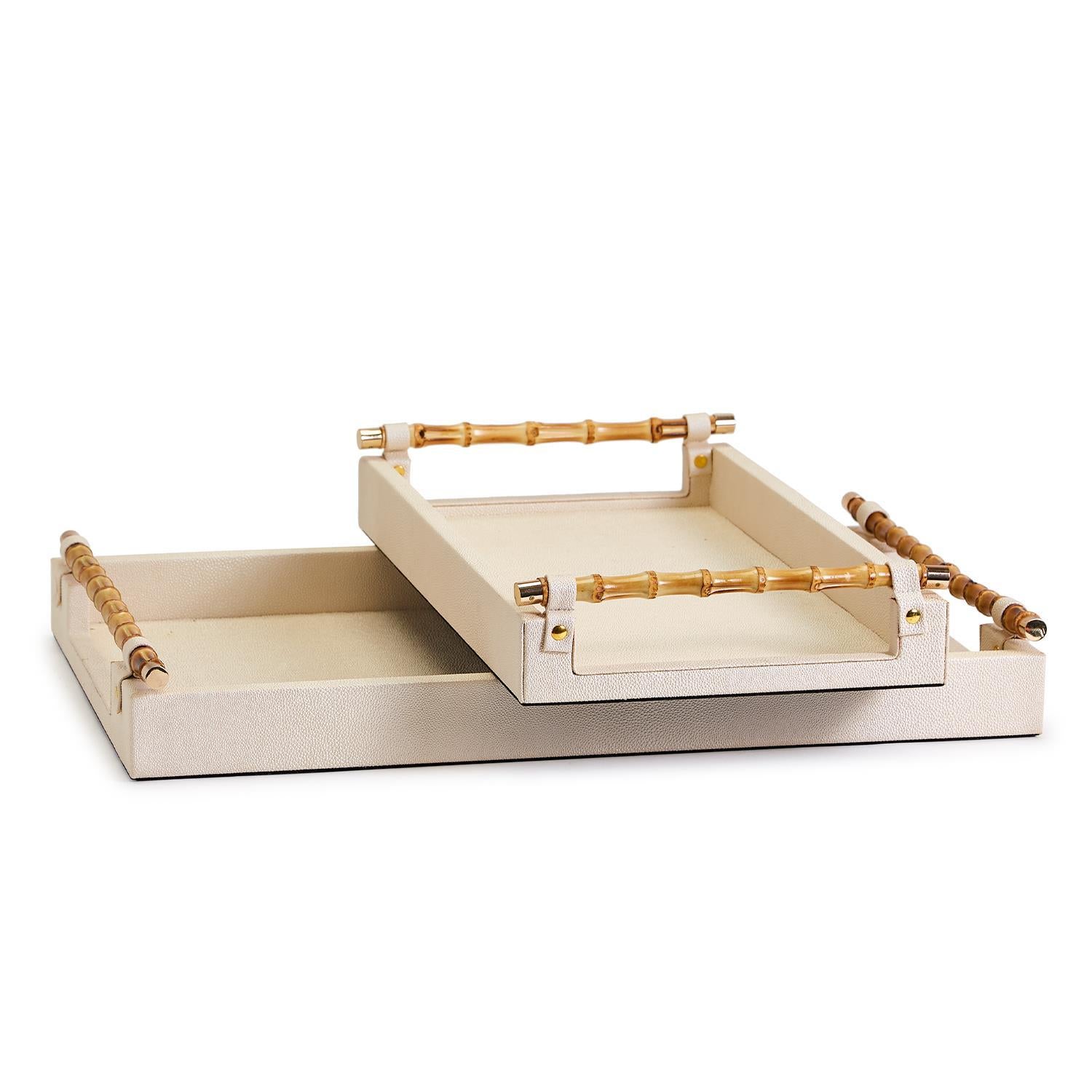 Two's Company S/2 Cream Decorative Rectangle Trays W Bamboo Handles