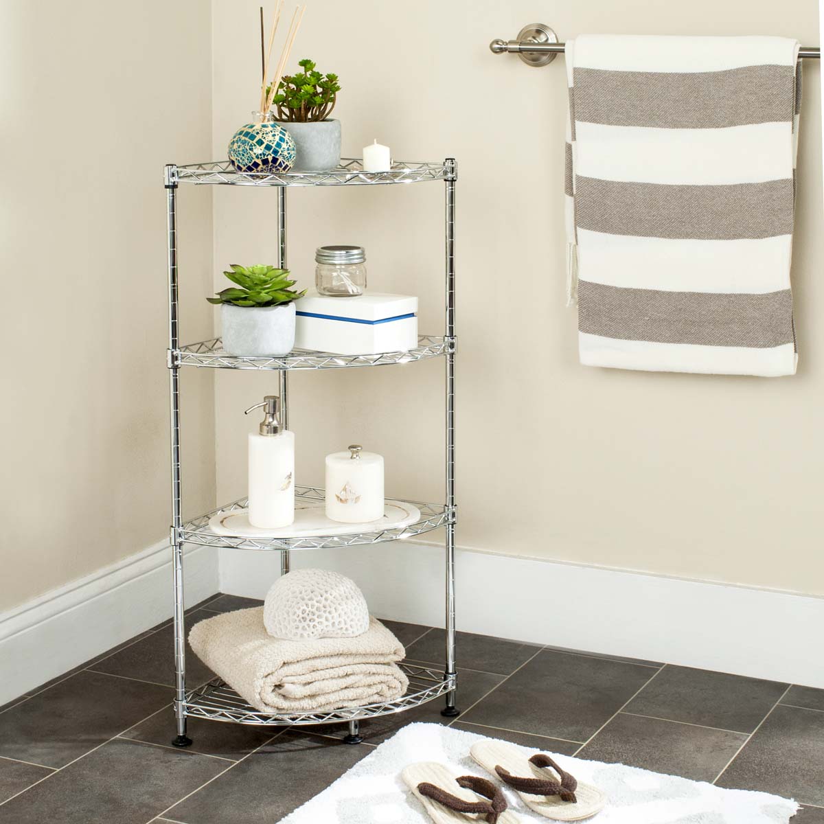 Safavieh Damaris 4 Tier Chrome Wire Corner Rack (11.8 In. W X 11.8 In. D X 31.5 In. H) , HAC1004 - Chrome