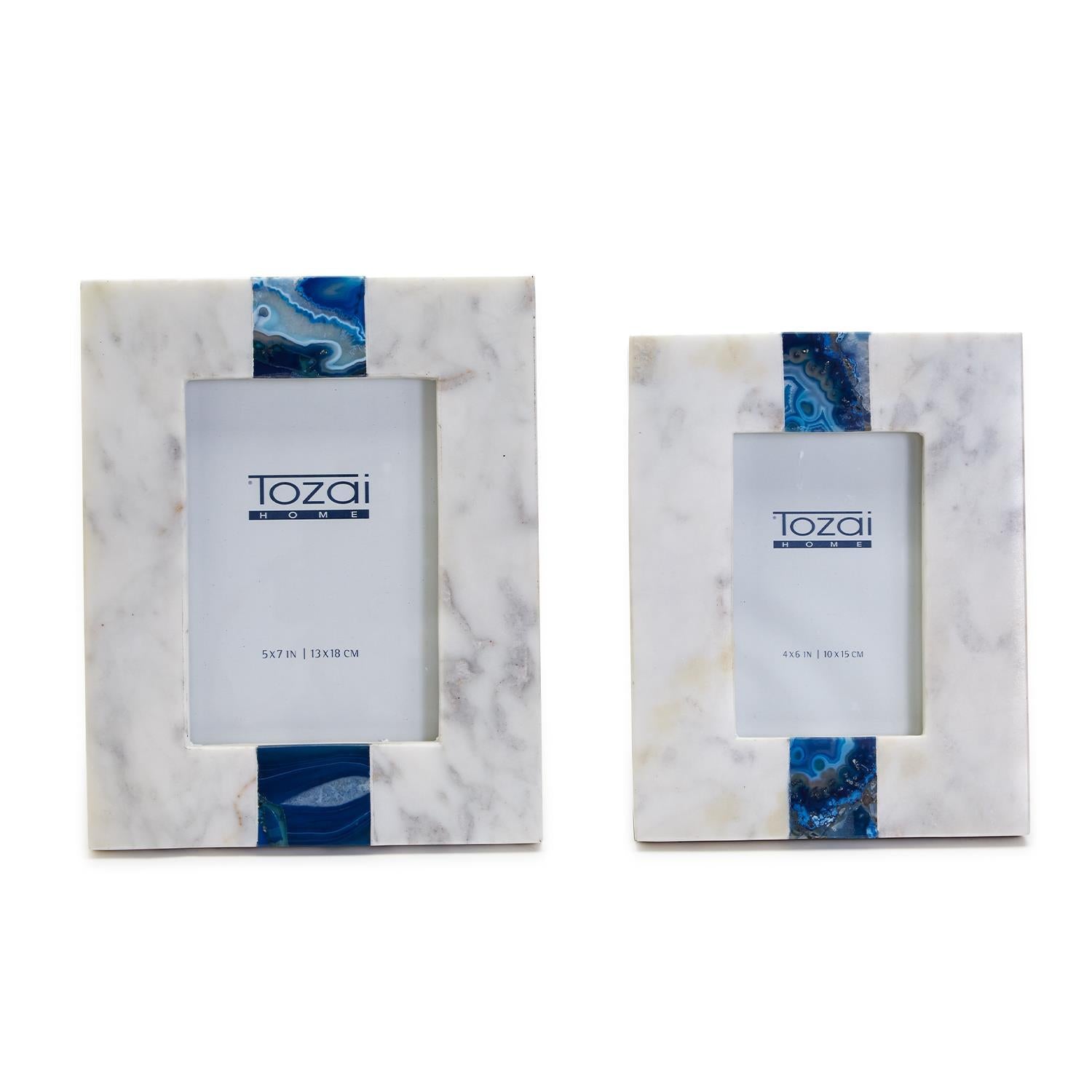 Two's Company S/2 White Marble W/ Blue Agate Inlay Photo Frames Incl 2 Sizes