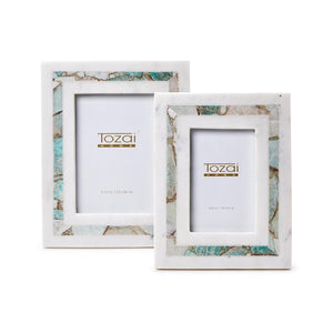Two's Company Amazonite Inlay S/2 White Marble Photo Frame