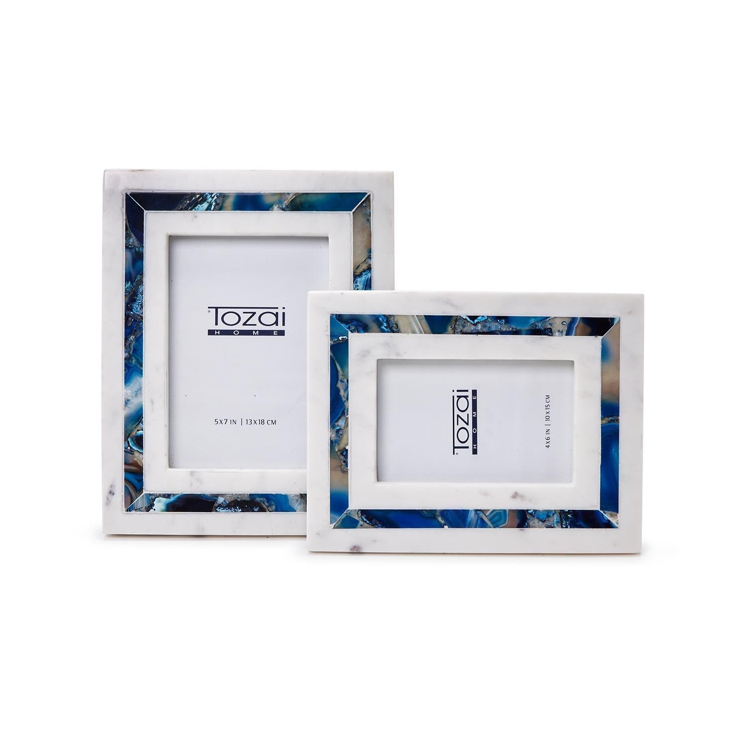 Blue Agate Inlay S/2 White Marble Photo Frame