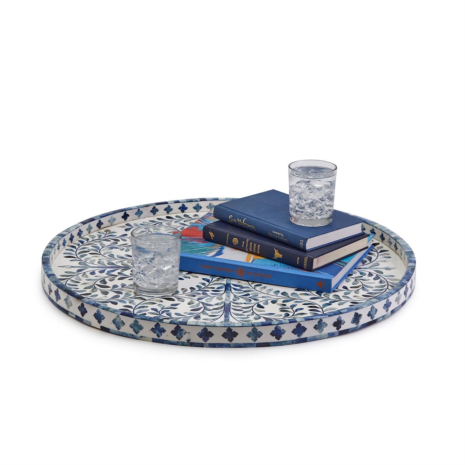 Two's Company Blue and White Inlaid Decorative Round Serving Tray