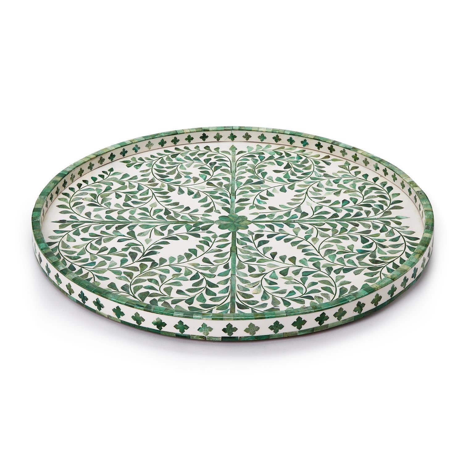 Grn/Wht Inlaid Decorative Round Serving Tray