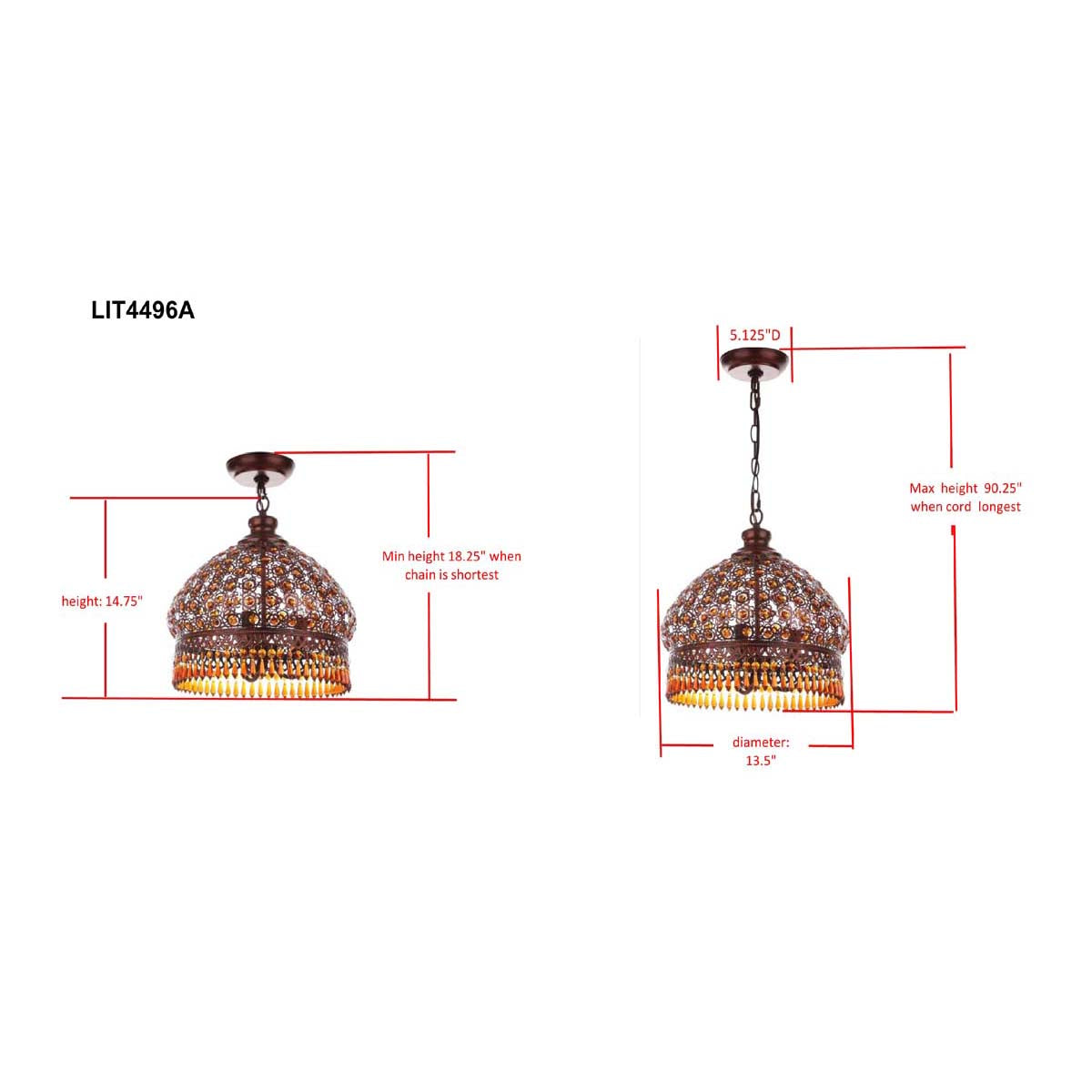 Safavieh Sultan Jeweled 3 Light Bronze 13.5 Inch Dia Pendant, LIT4496 - Dark Bronze/Amber