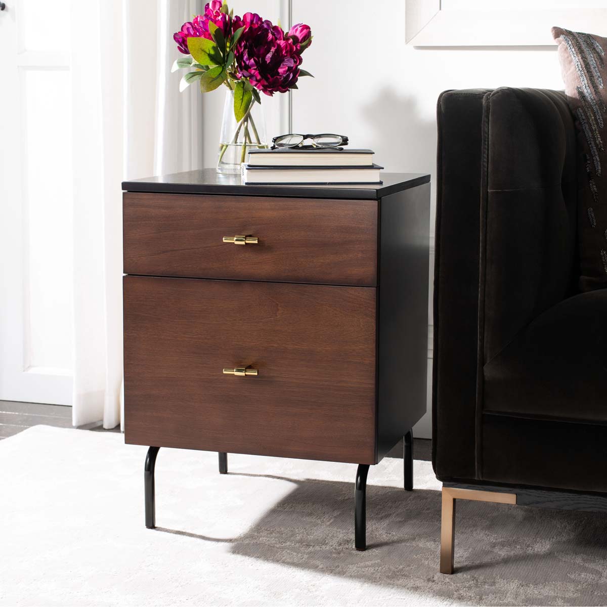 Safavieh Genevieve 2 Drawer Nightstand, NST5002 - Walnut / Black