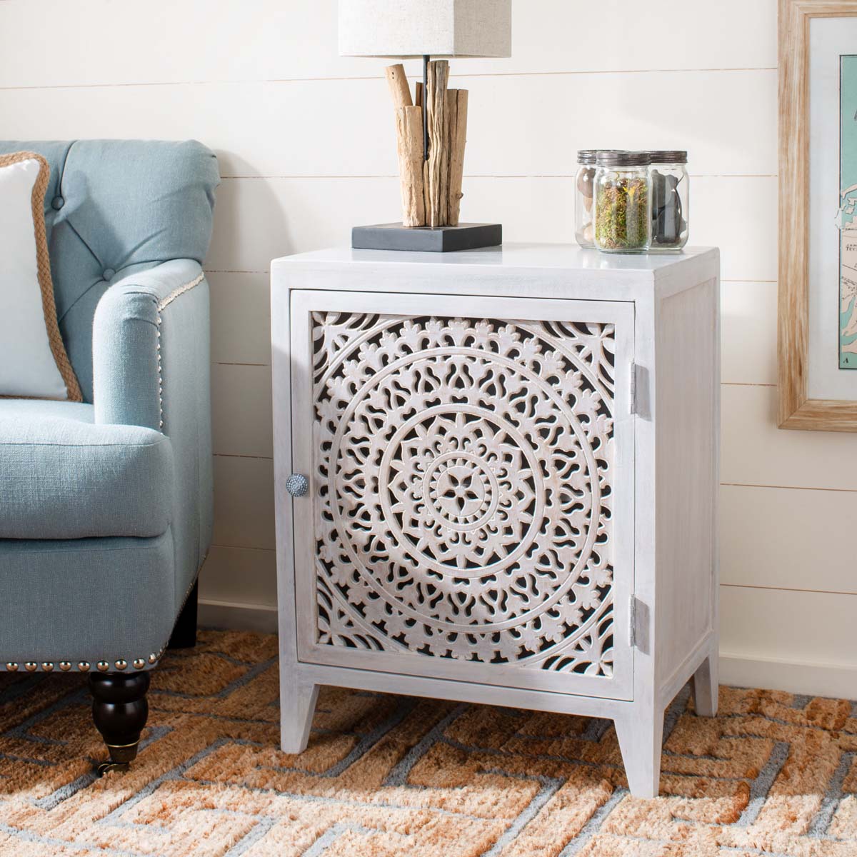 Safavieh Thea 1 Door Carved Nightstand , NST5300 - White Washed