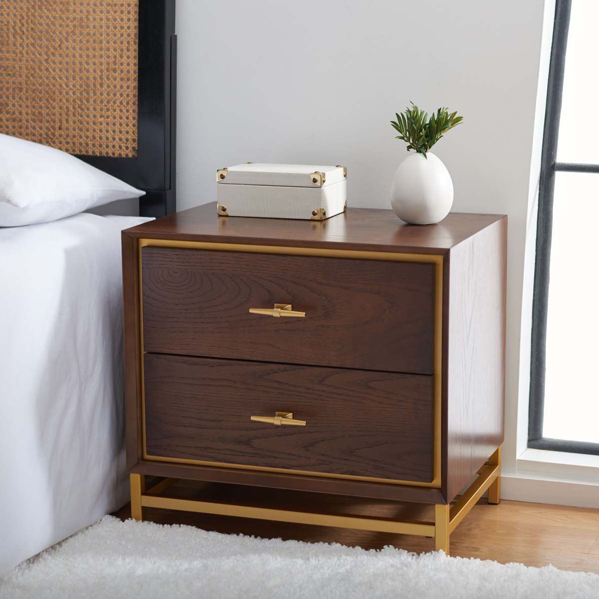 Safavieh Fenno 2 Drawer Nightstand , NST6401 - Walnut / Brass