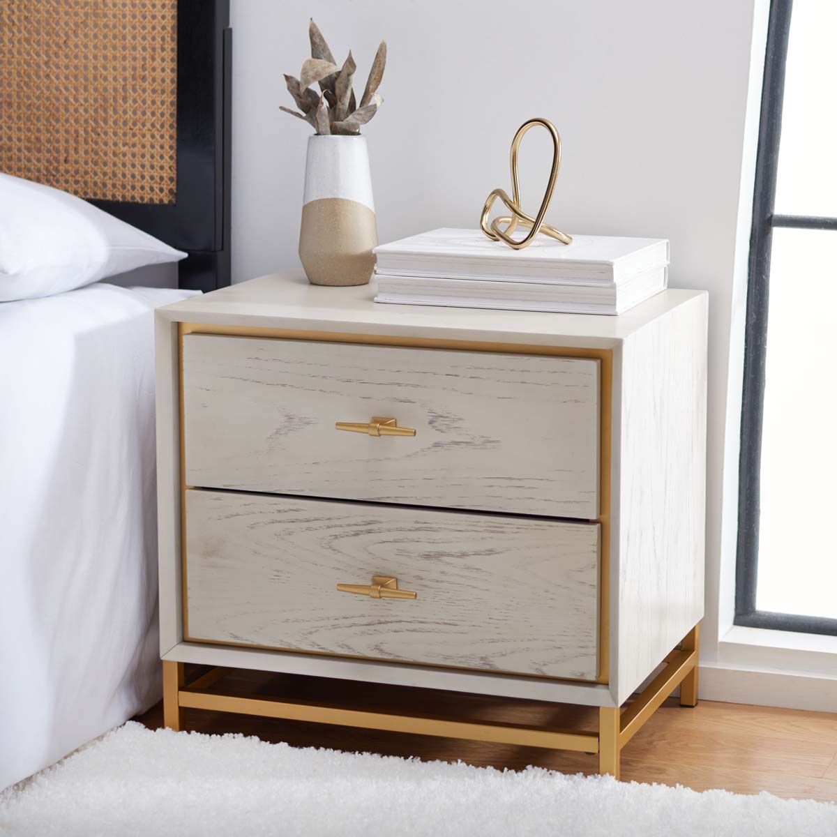 Safavieh Fenno 2 Drawer Nightstand , NST6401 - White Washed / Brass