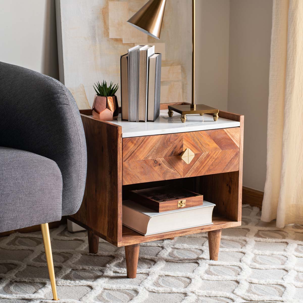 Safavieh Tahseen Parquet Nightstand , NST9004 - Natural / White