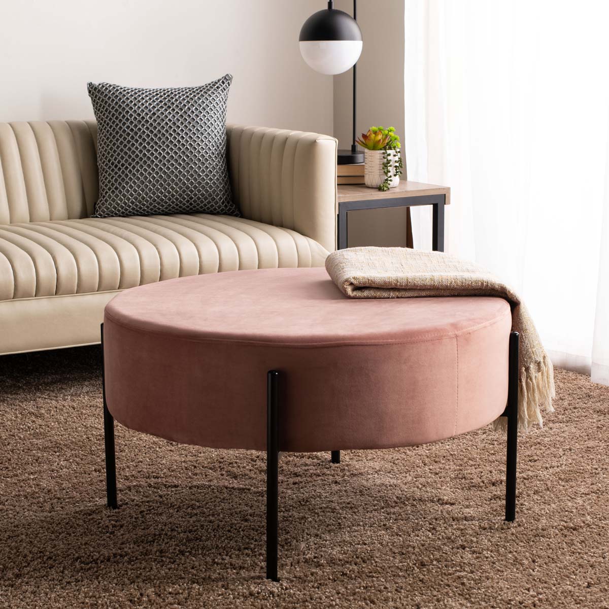 Safavieh Lisbon Round Cocktail Ottoman , OTT6203 - Dusty Rose / Black