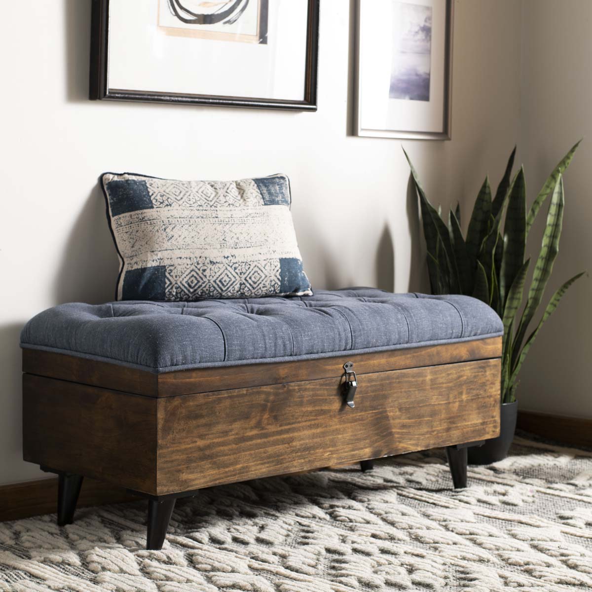 Safavieh Liam Tufted Cocktail Ottoman , OTT6400 - Navy / Dark Oak