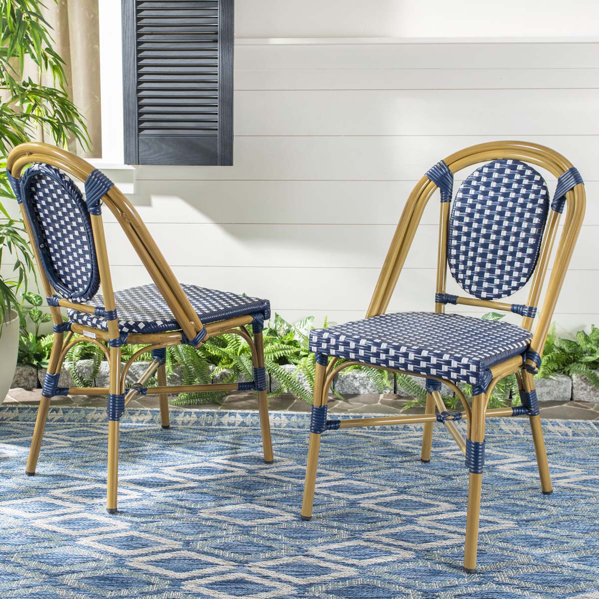 Safavieh Lenda French Stackable Bistro Chair , PAT4036 - Navy/White/Brown Frame (Set of 2)