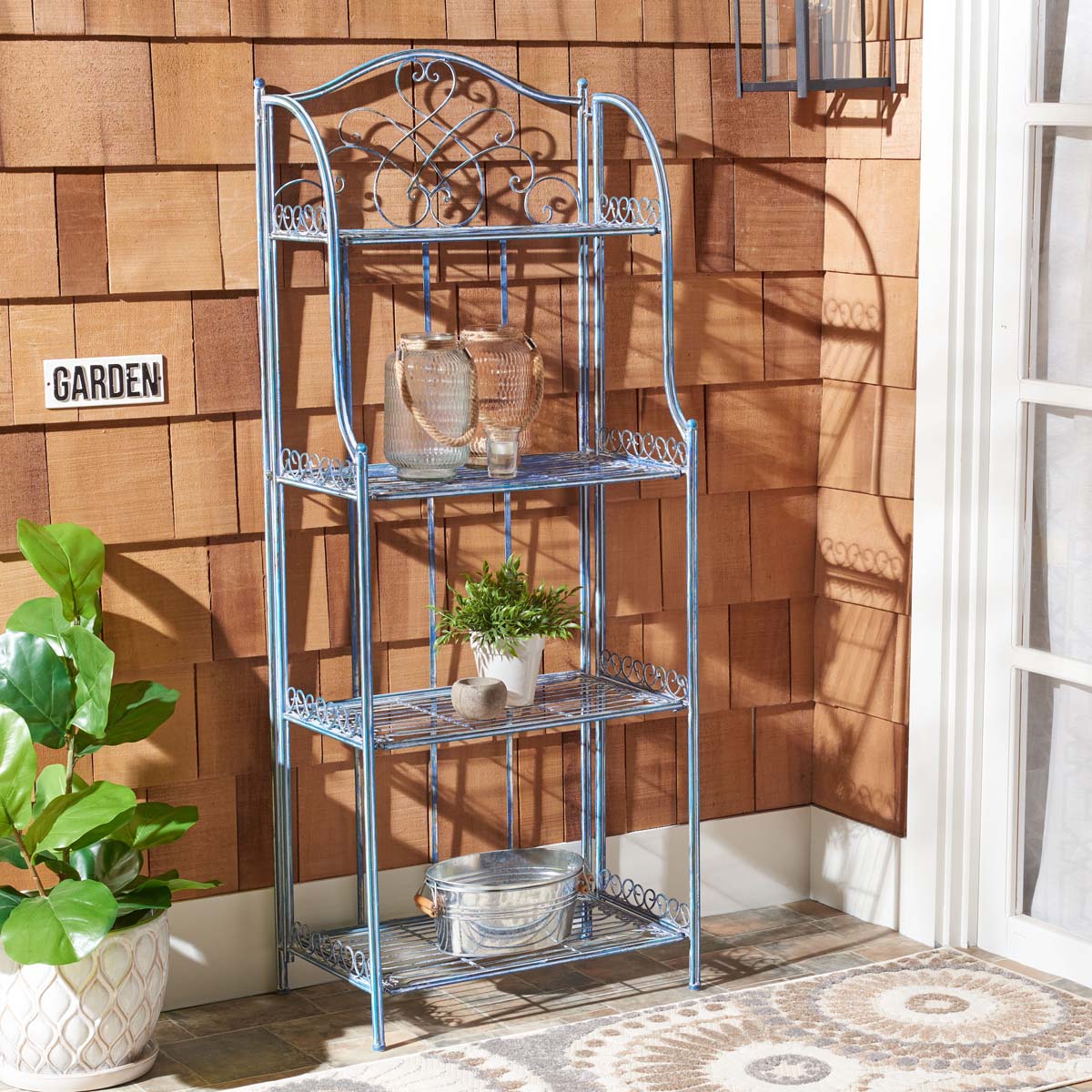 Safavieh Amaris Wrought Iron 4 Tier Outdoor Bakers Rack , PAT5014 - Mossy Blue