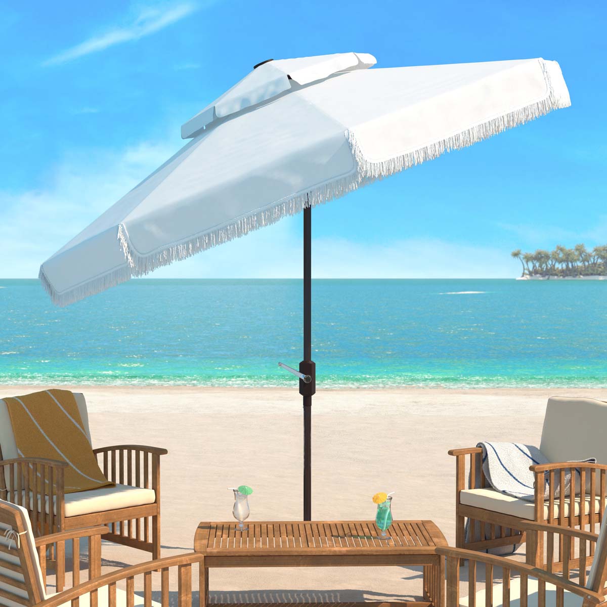 Safavieh Milan Fringe 9Ft Double Top Crank Umbrella , PAT8208 - White
