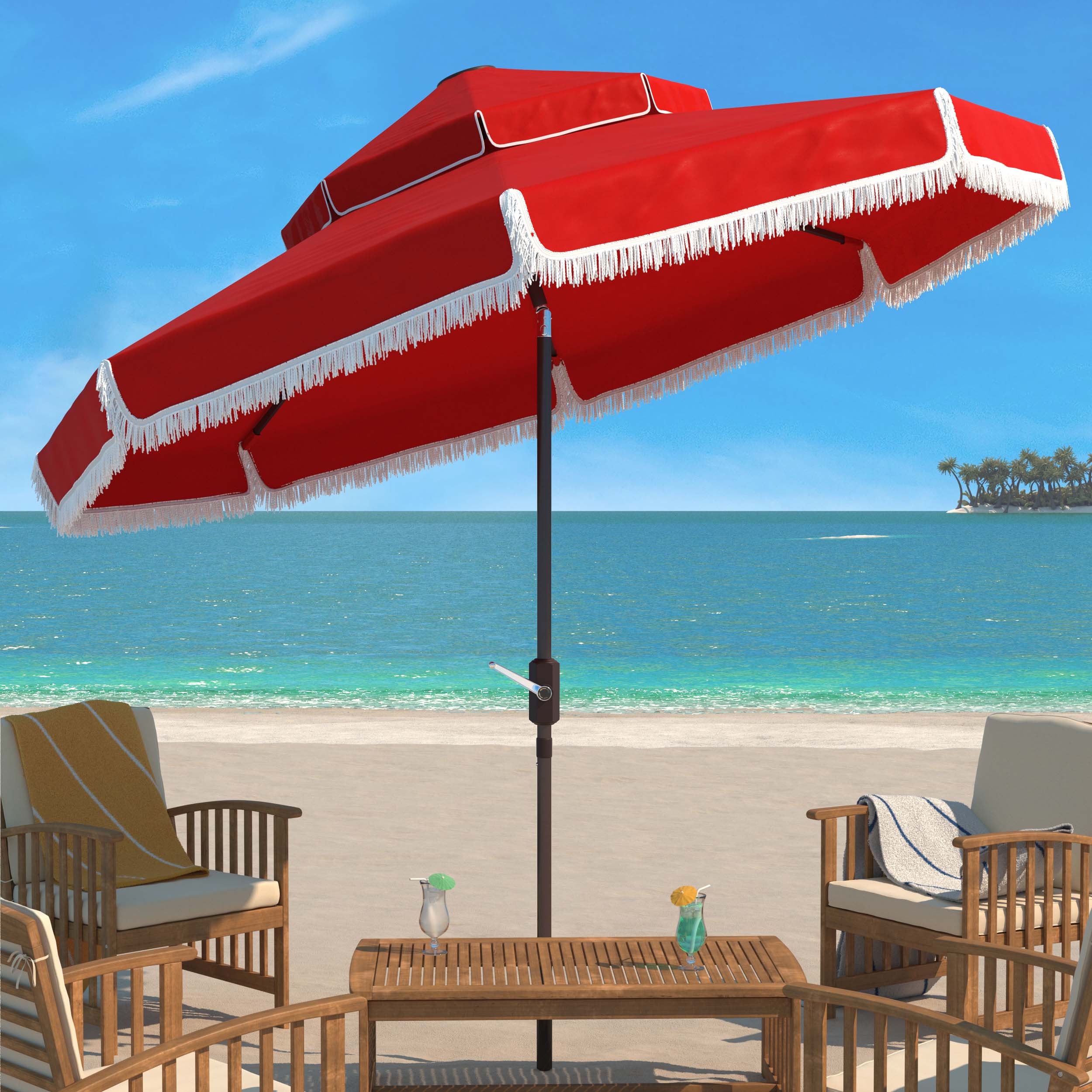 Safavieh Milan Fringe 9Ft Double Top Crank Umbrella , PAT8208 - Red