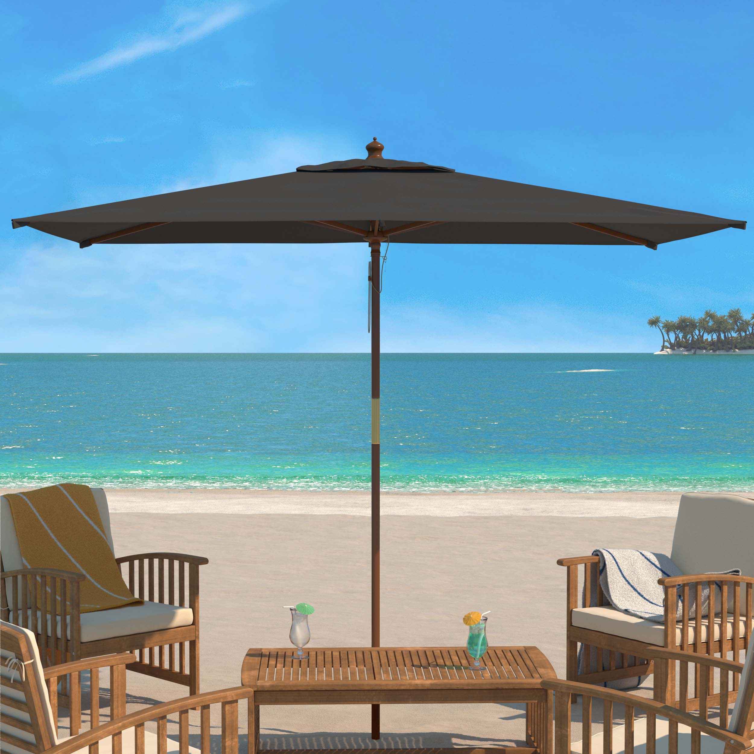 Safavieh Aklin 6.5Ft X 10Ft Rectangle Wooden Pulley Market Umbrella (No Tilt)/Beige , PAT8309 - Grey