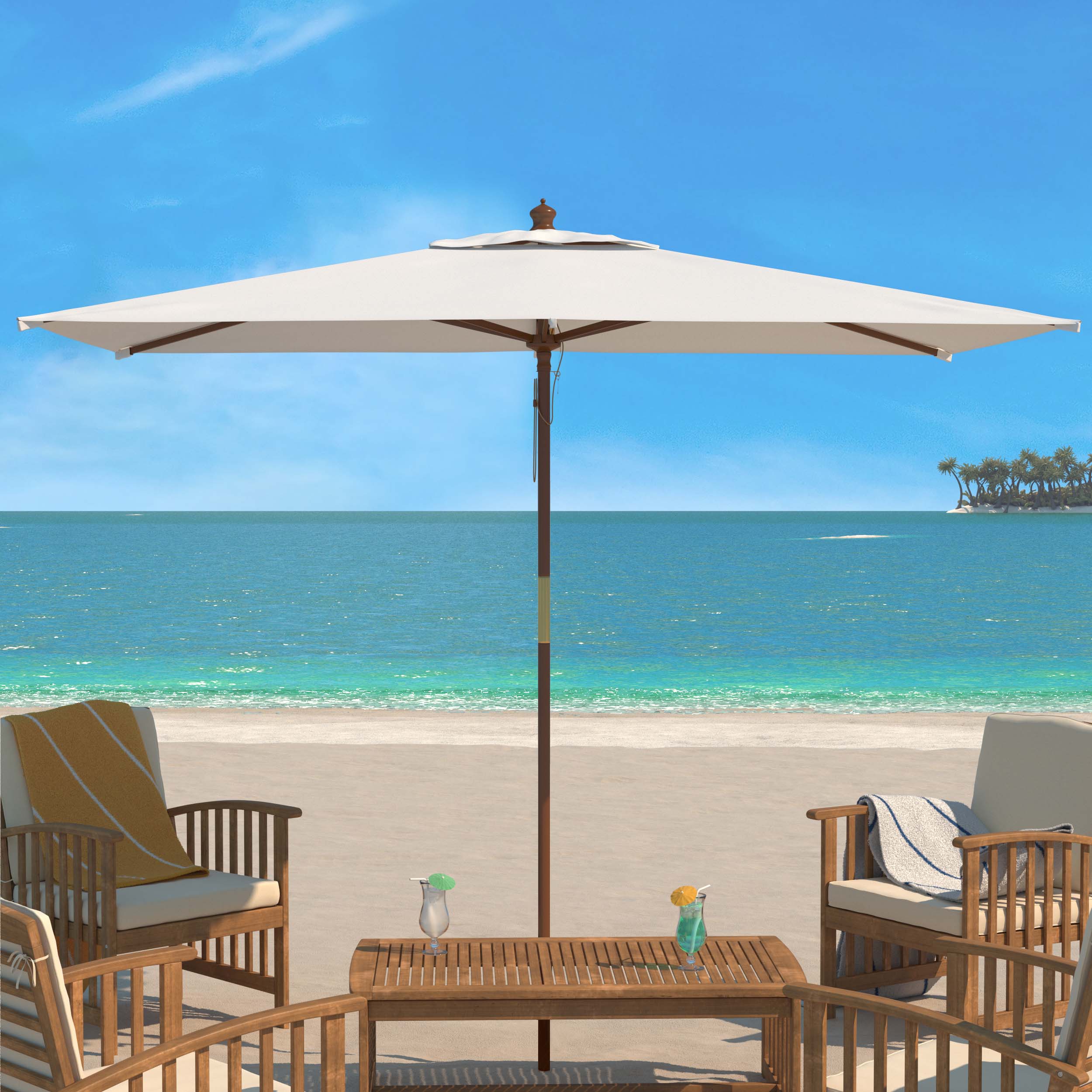 Safavieh Aklin 6.5Ft X 10Ft Rectangle Wooden Pulley Market Umbrella (No Tilt)/Beige , PAT8309 - White