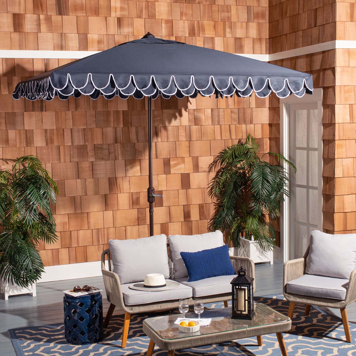 Safavieh Elegant Valance 7.5 Ft Square Umbrella , PAT8406 - Navy/White