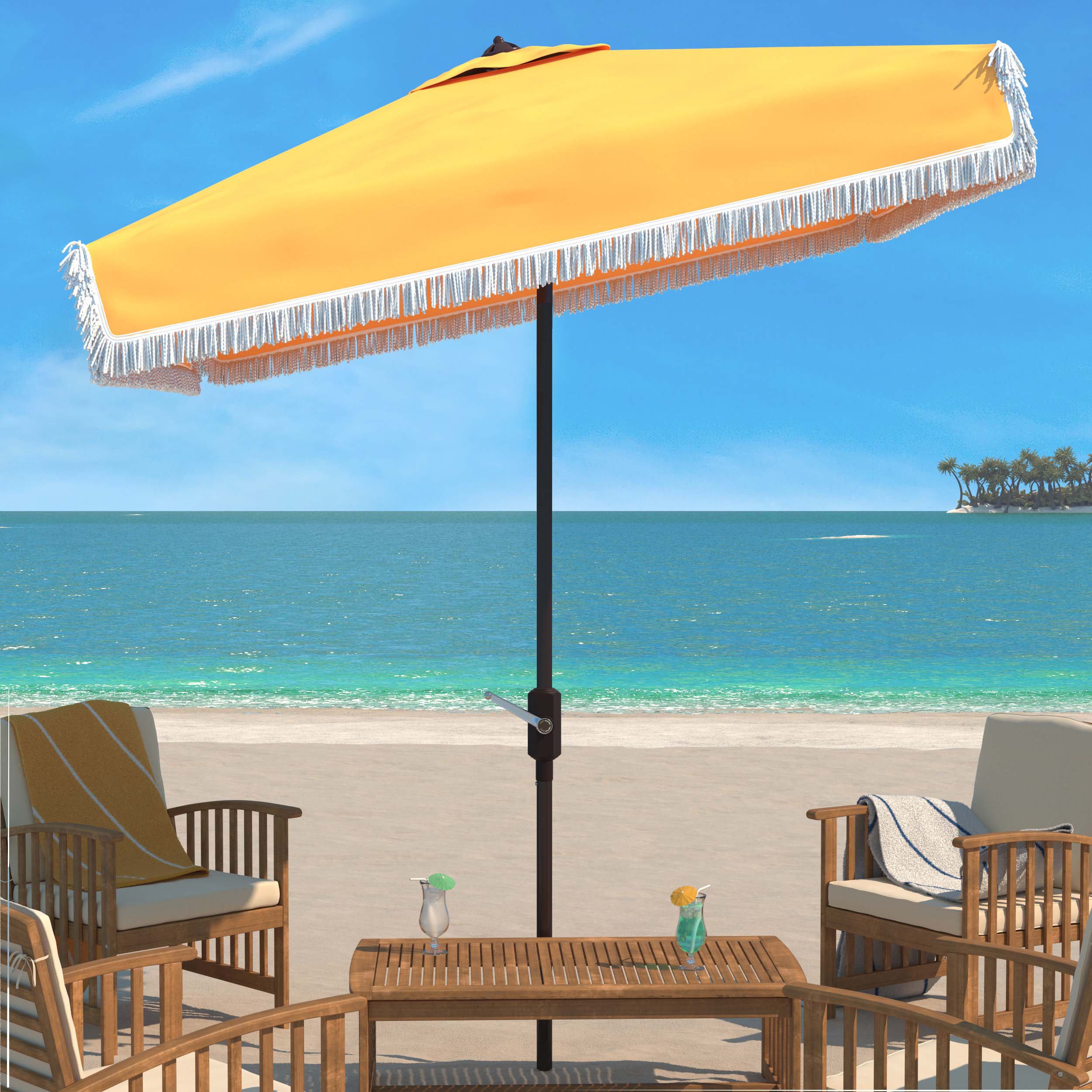 Safavieh Milan Fringe 7.5 Ft Square Crank Umbrella , PAT8408 - Yellow