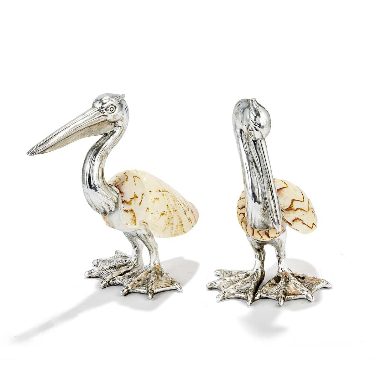 Two's Company Shell Sculpture Pelicans - Silver-Plated Resin/Cymbiola Nobilis Shell (set of 2)