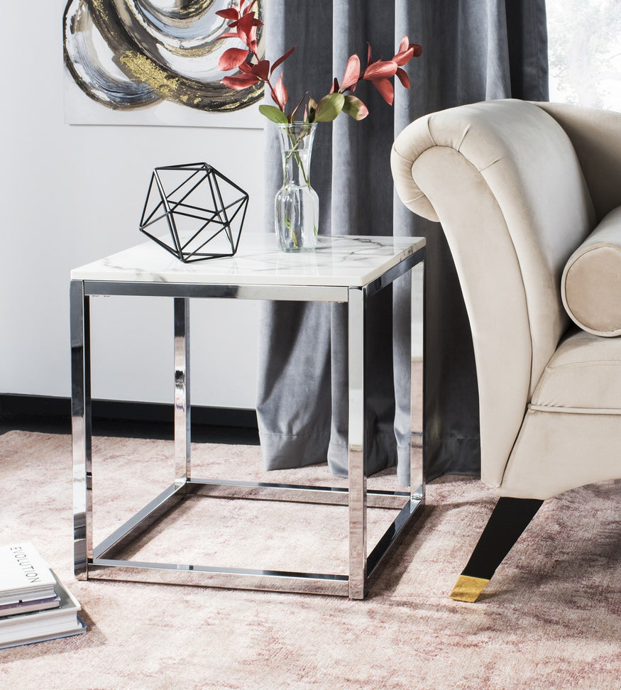 Safavieh Bethany Square End Table , ACC6201 - White Marble Veneer/Chrome Leg