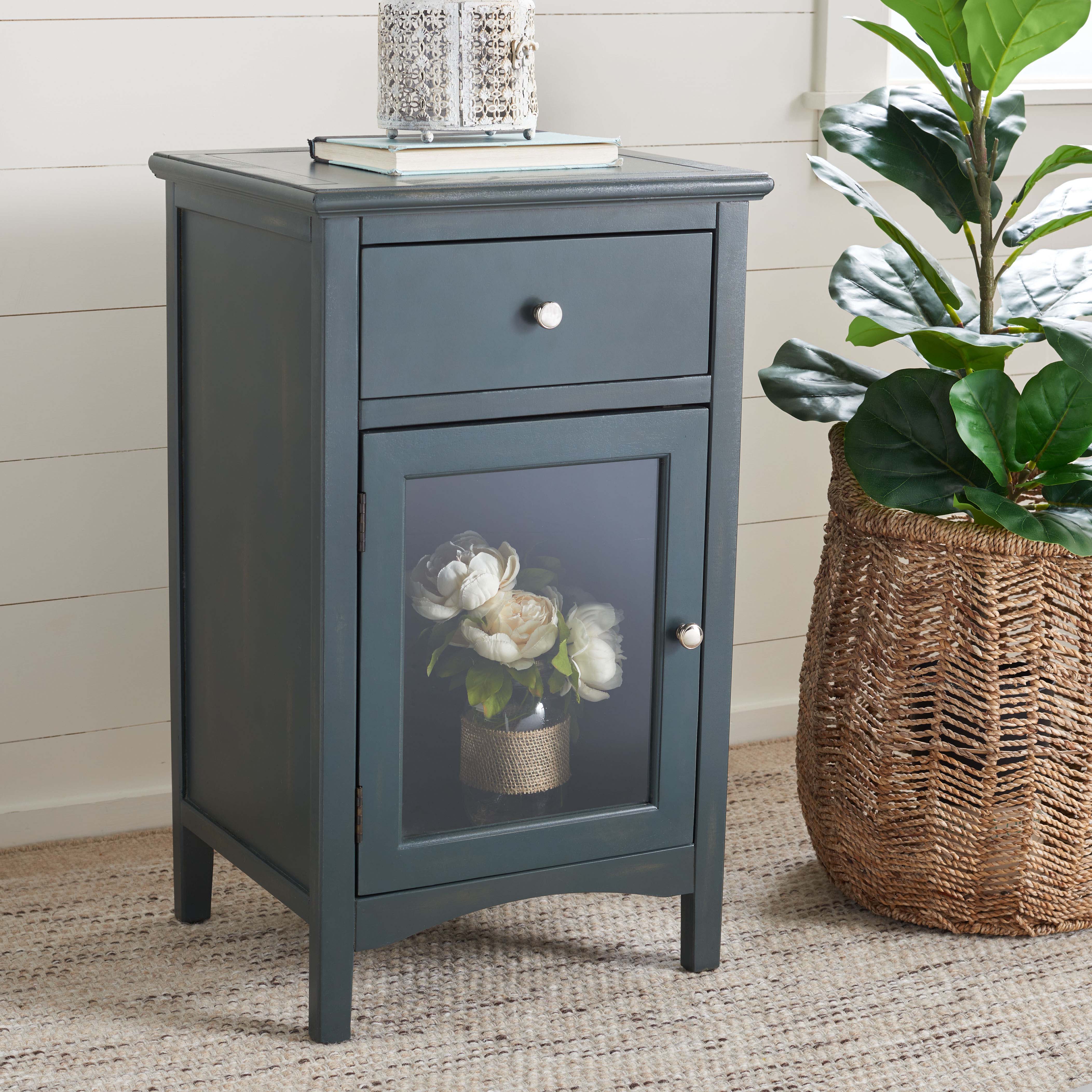Safavieh Ziva One Drawer Nightstand With Glass Cabinet , AMH6630 - Dark Teal