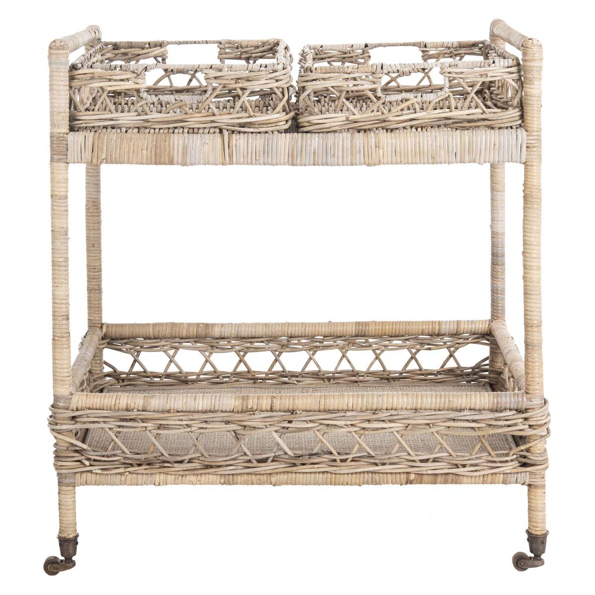 Safavieh Ambrose 2 Tier Rattan Bar Cart , BCT6500 - Grey Wash/Antique Brass Wheels