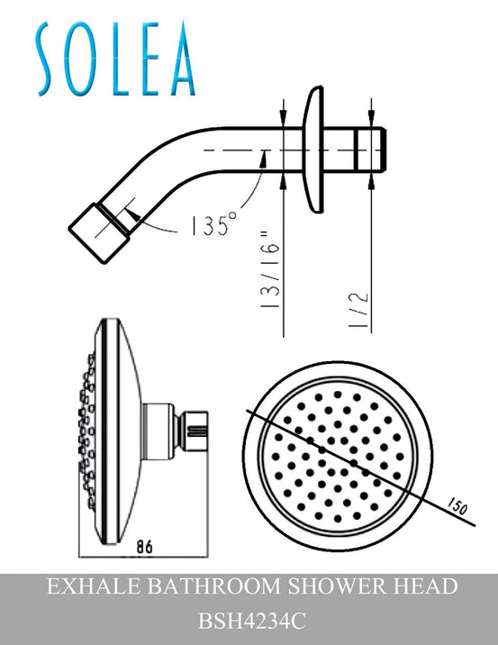 Solea Exhale Shower Head Stainless Steel Single Setting Rainfall 5.9X5.9X2.4 - Chrome