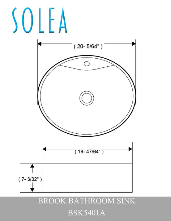 Solea Brook Porcelain Ceramic Vitreous Oval 20 Inch White Bathroom Vessel Sink With Overflow Drain - White