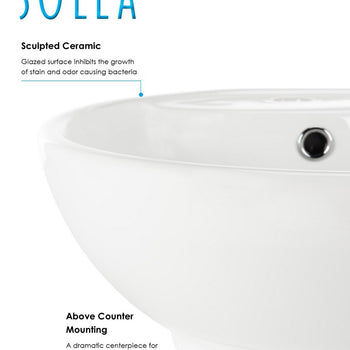 Solea Kai Porcelain Ceramic Vitreous Round 20 Inch White Bathroom Vessel Sink With Overflow Drain