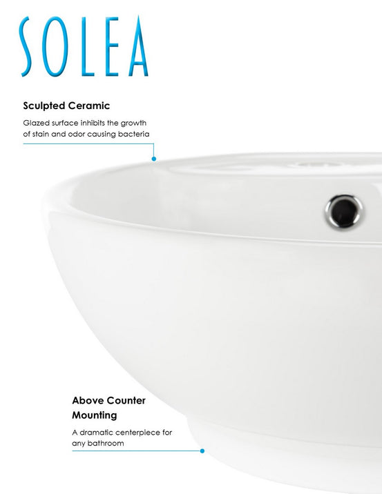 Solea Kai Porcelain Ceramic Vitreous Round 20 Inch White Bathroom Vessel Sink With Overflow Drain - White