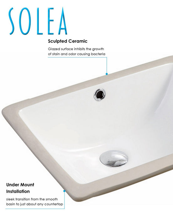 Solea Seaton Porcelain Ceramic Vitreous Rectangular 18.5 Inch White Undermount Bathroom Sink With Overflow Drain - White