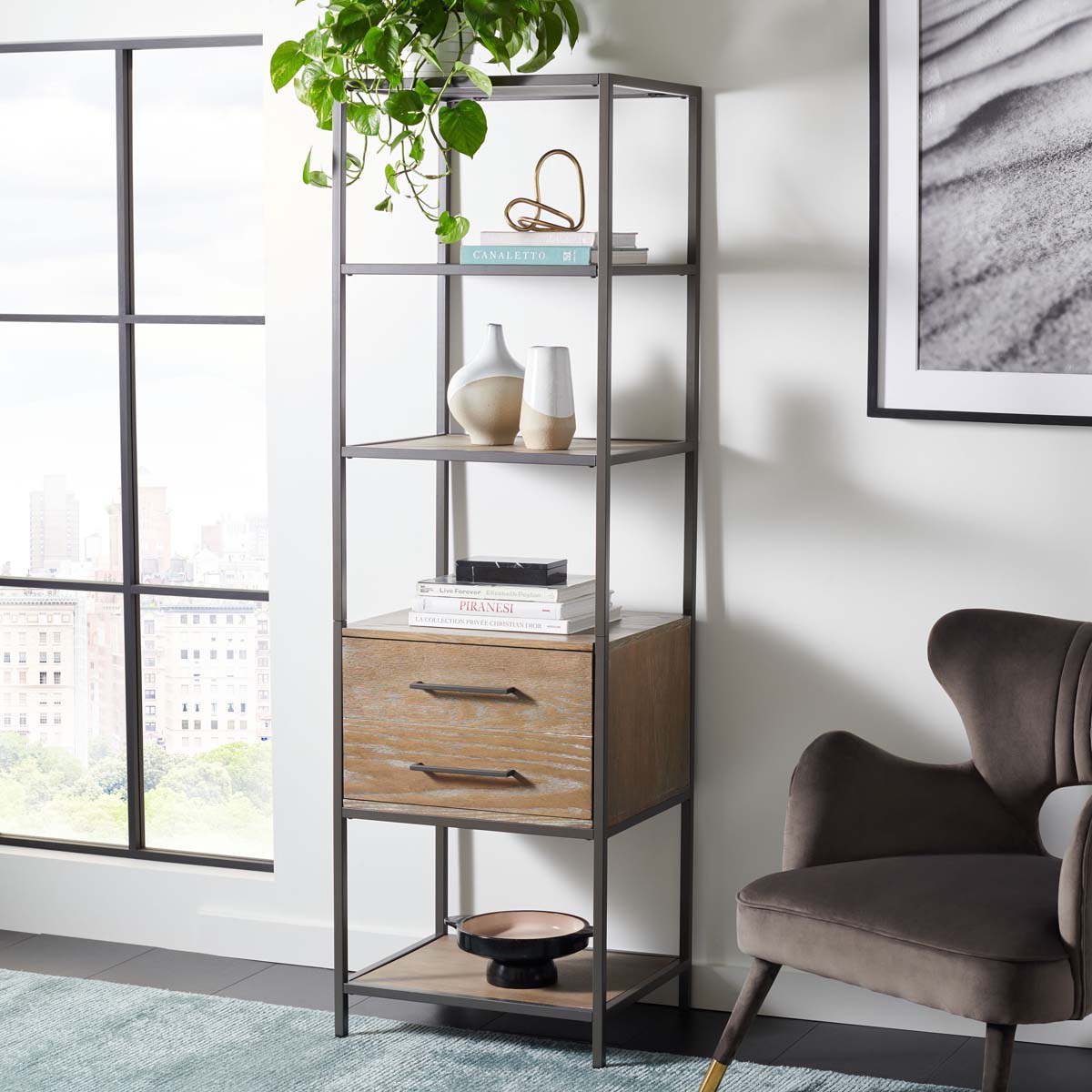 Safavieh Jola 5 Shelf 1 Drawer Etagere , ETG6400 - Rustic Oak / Gunmetal