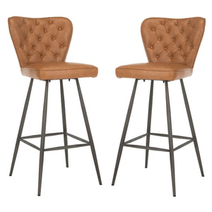 Safavieh Aster 30H Mid Century Modern Leather Tufted Bar Stool (Set of 2), FOX1703