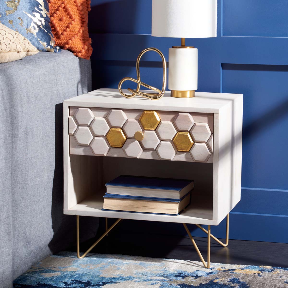 Safavieh Raveena Nightstand , NST9002 - White Washed / Brass