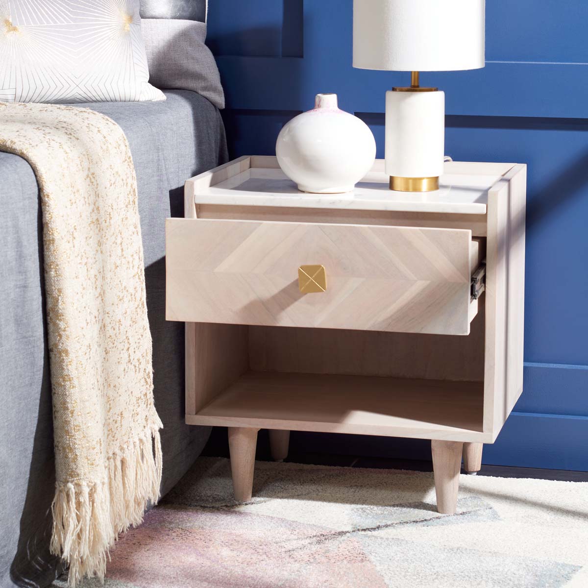 Safavieh Tahseen Parquet Nightstand , NST9004 - White Washed / Brass
