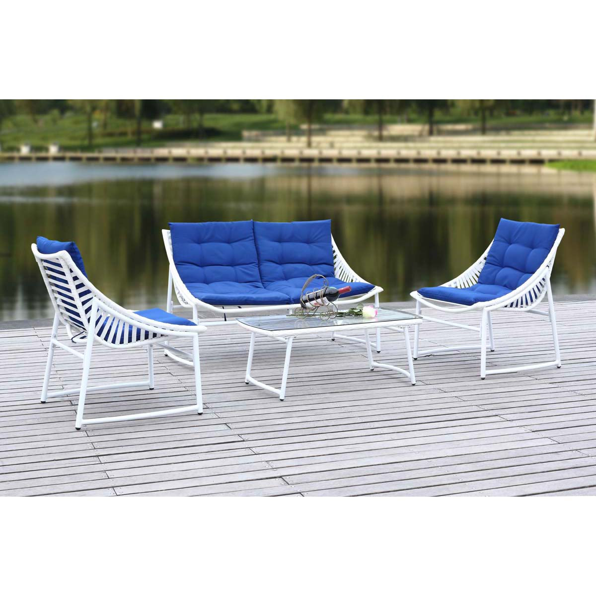 Safavieh Berkane 4 Pc Outdoor Set , PAT2009 - White/Navy