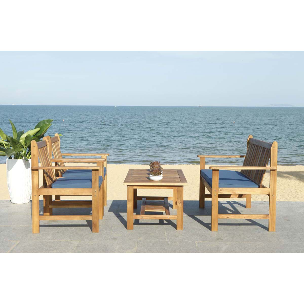 Safavieh Burbank 4 Pc Outdoor Set , PAT7006 - Natural/Navy