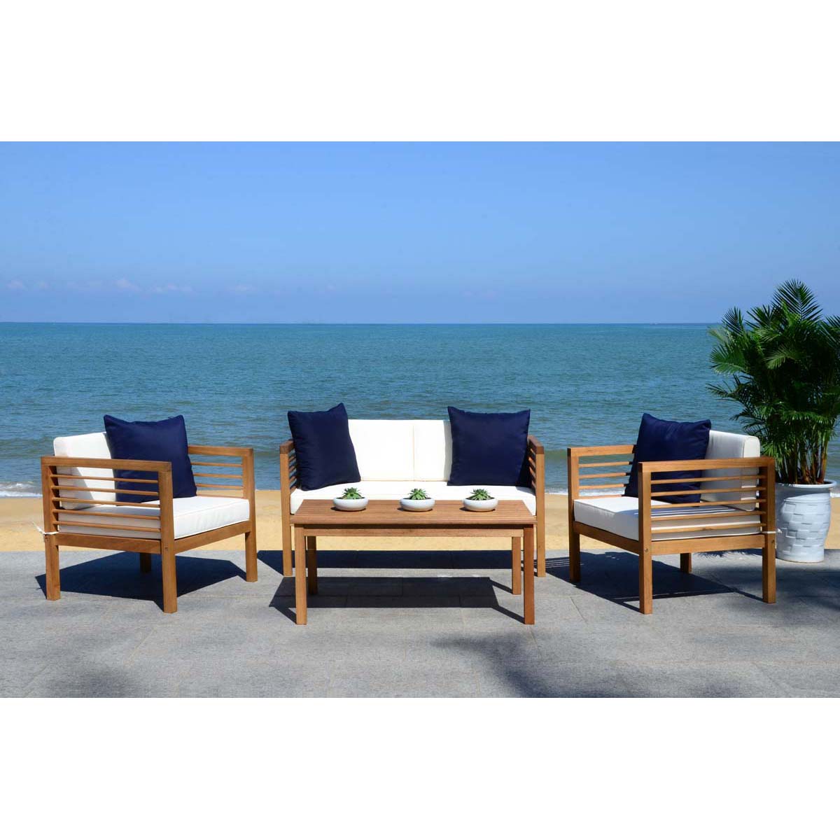 Safavieh Alda 4 Pc Outdoor Set With Accent Pillows , PAT7033 - Natural/Beige/Navy