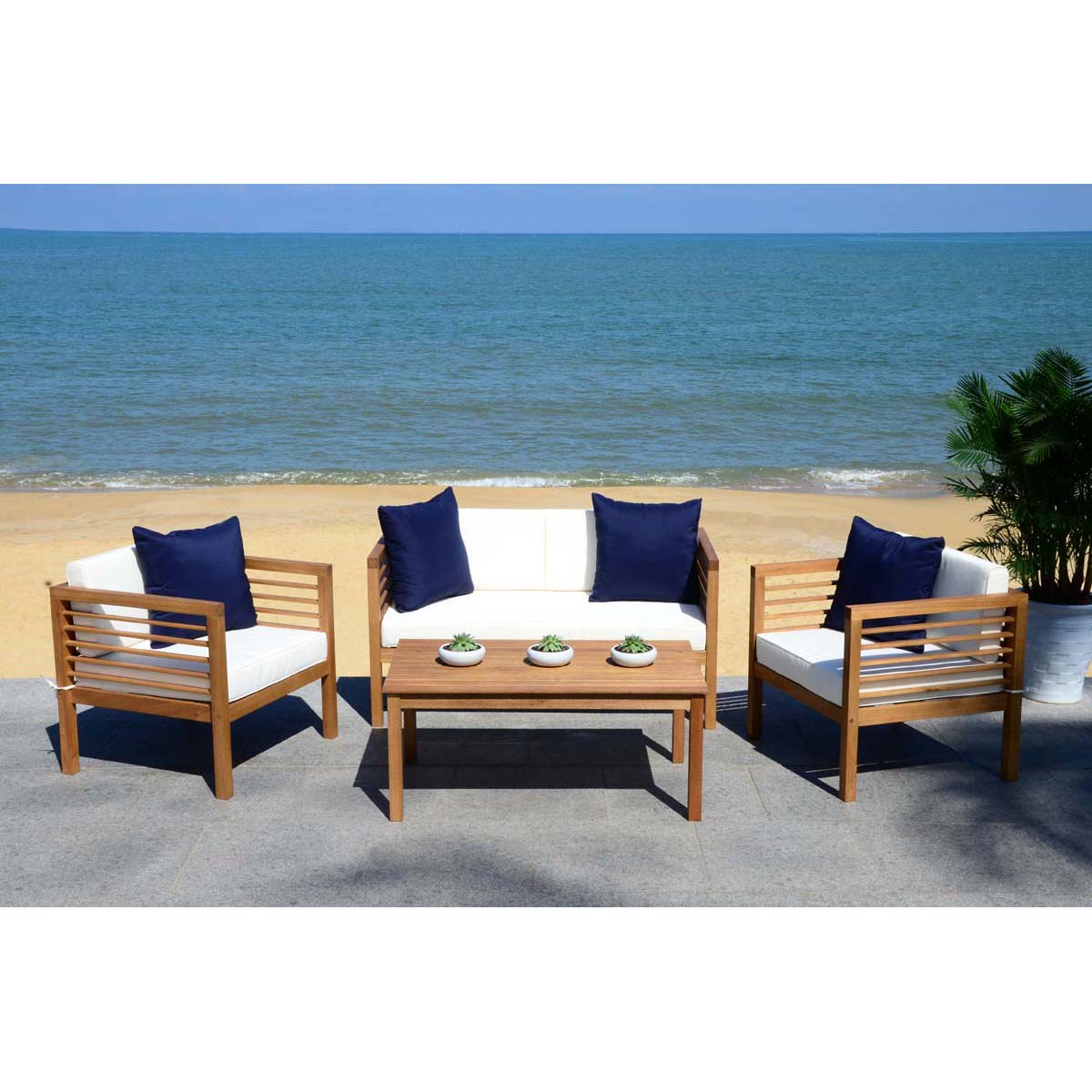 Safavieh Alda 4 Pc Outdoor Set With Accent Pillows , PAT7033 - Natural/Beige/Navy