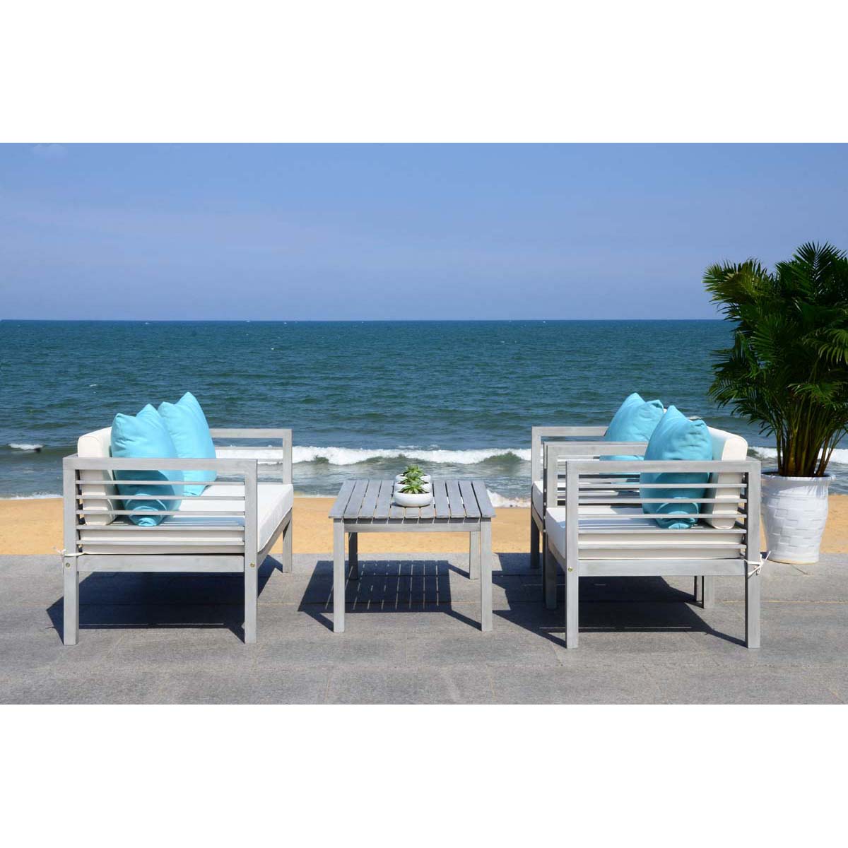 Safavieh Alda 4 Pc Outdoor Set With Accent Pillows , PAT7033 - Grey Wash/Beige/Light Blue