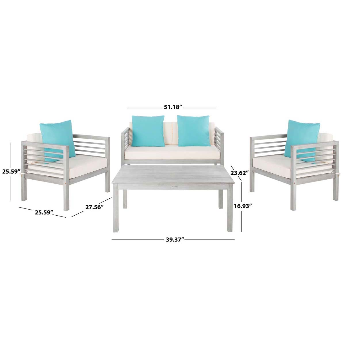 Safavieh Alda 4 Pc Outdoor Set With Accent Pillows , PAT7033 - Grey Wash/Beige/Light Blue