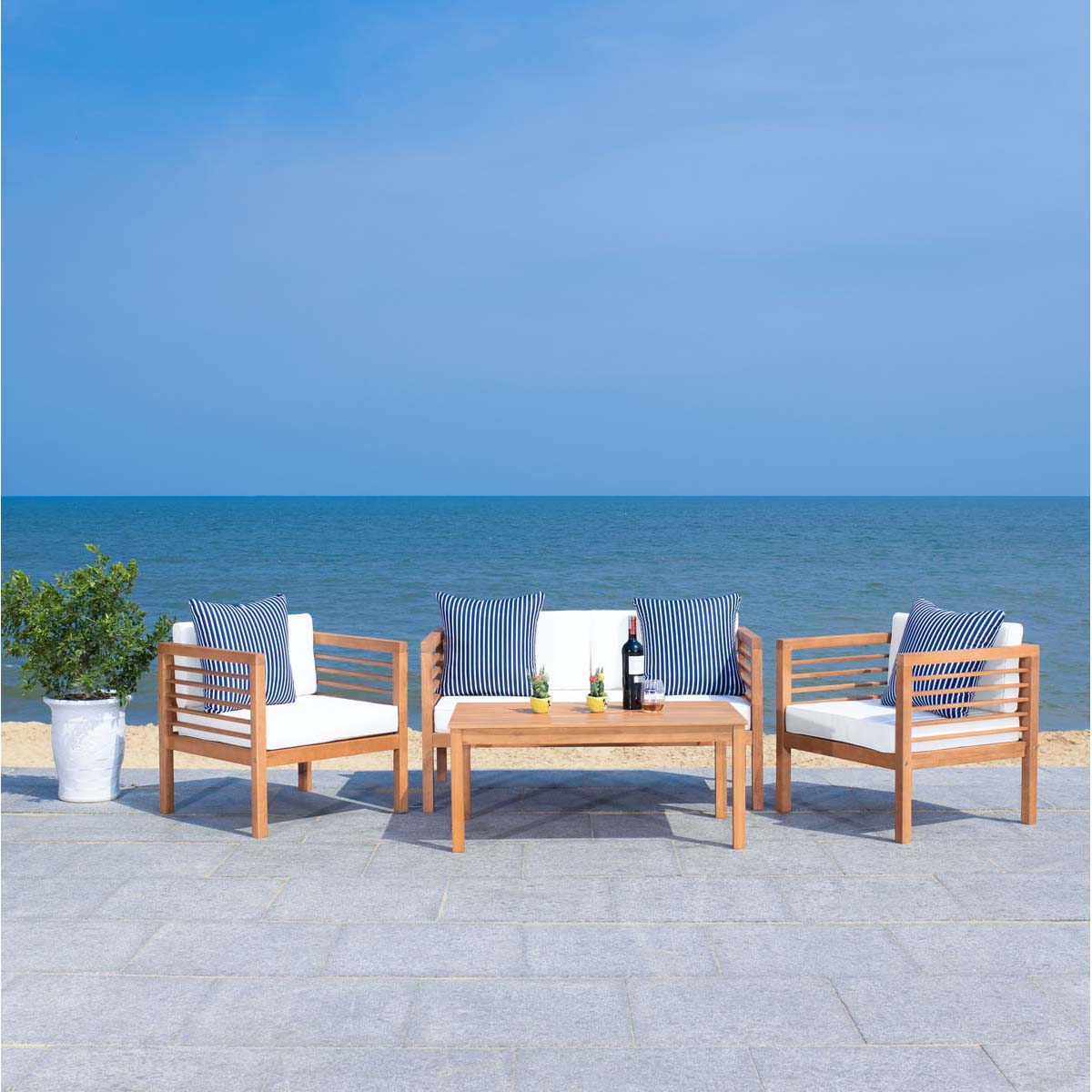 Safavieh Alda 4 Pc Outdoor Set With Accent Pillows , PAT7033 - Natural/Beige/Nvywht