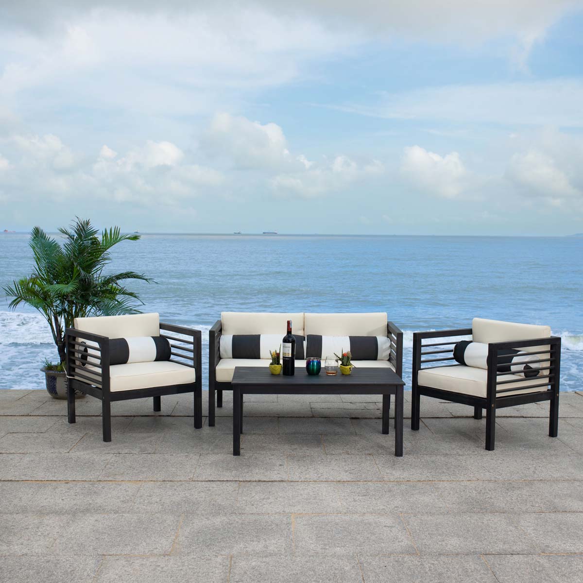 Safavieh Alda 4 Pc Outdoor Set With Accent Pillows , PAT7033 - Black/Beige/Black;White