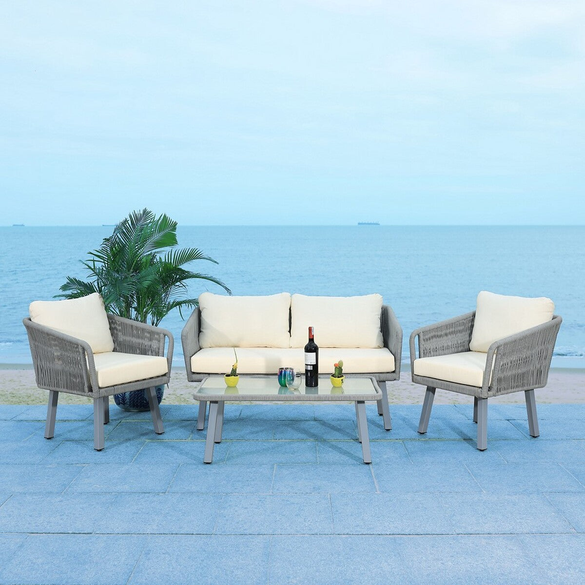 Safavieh Kerson 4Pc Rope Living Set , PAT7519 - Grey/Beige