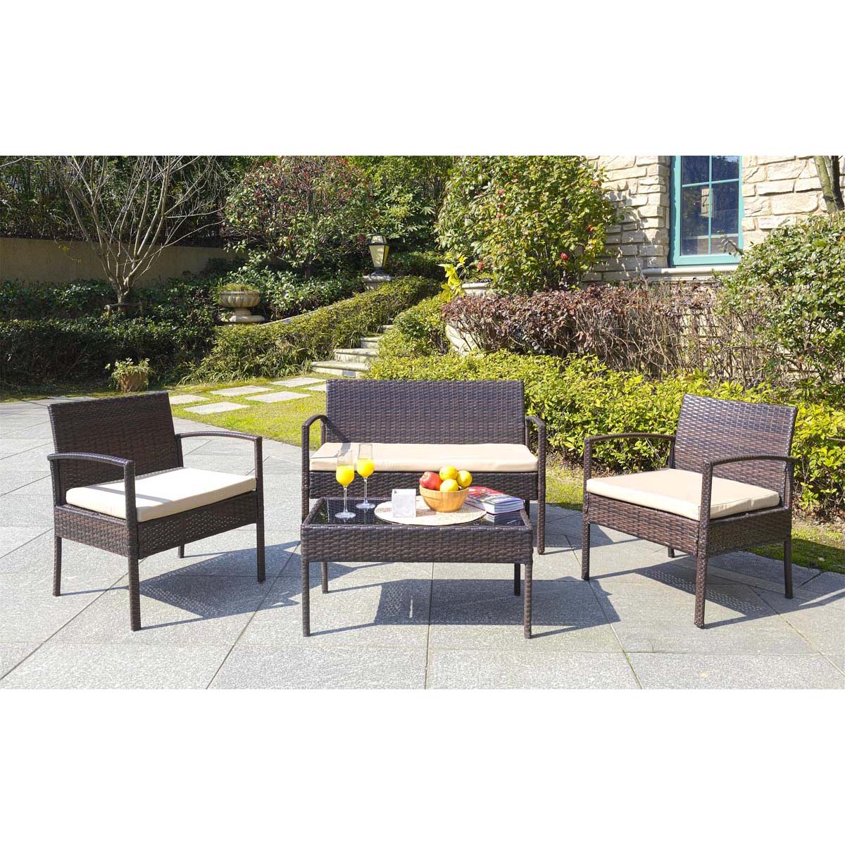Safavieh Mattia 4 Piece Rattan Living Set , PAT9001 - Brown/Beige