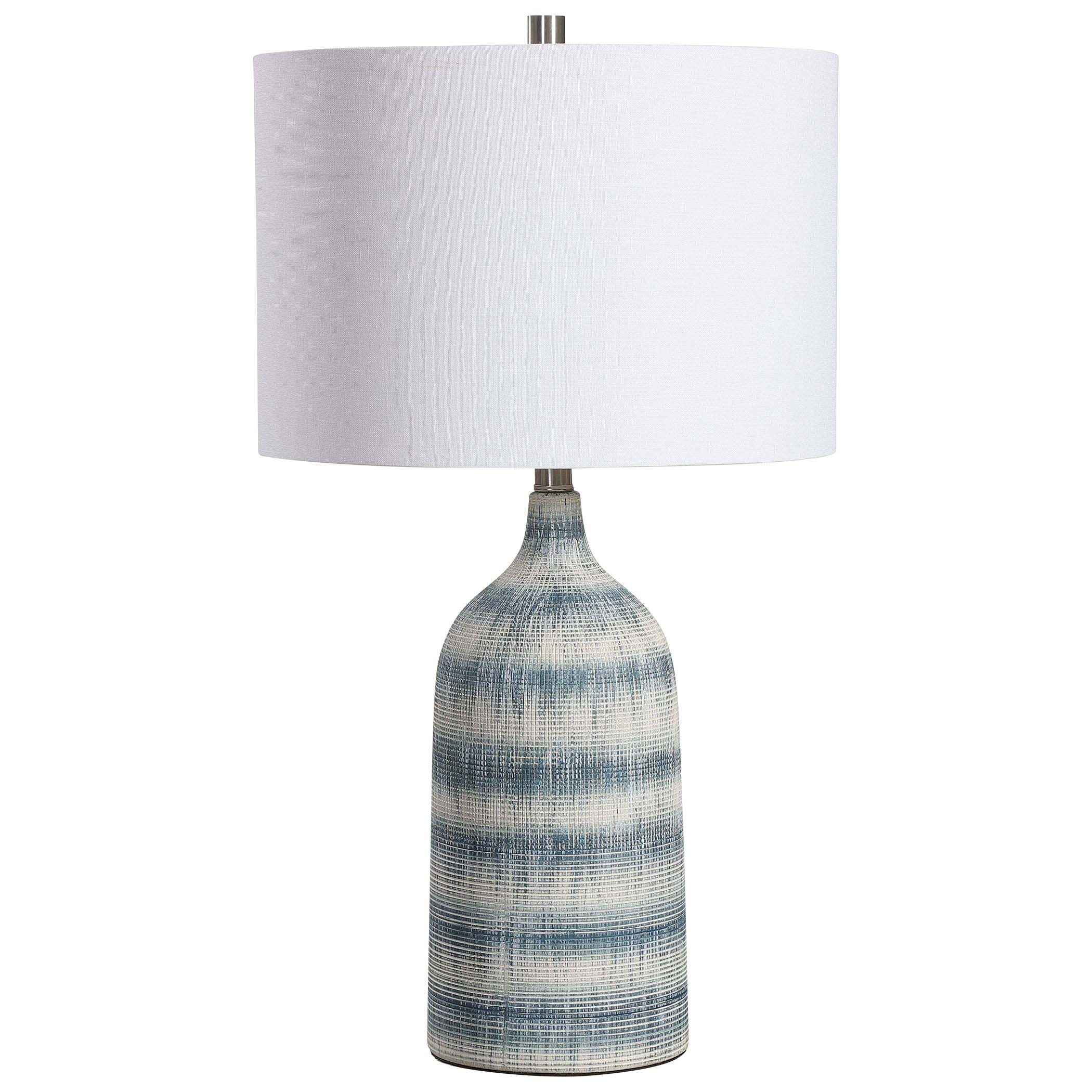 Decor Market Textured Ceramic Table Lamp With A Mixture Of Blue And White Asymmetrical Stripes