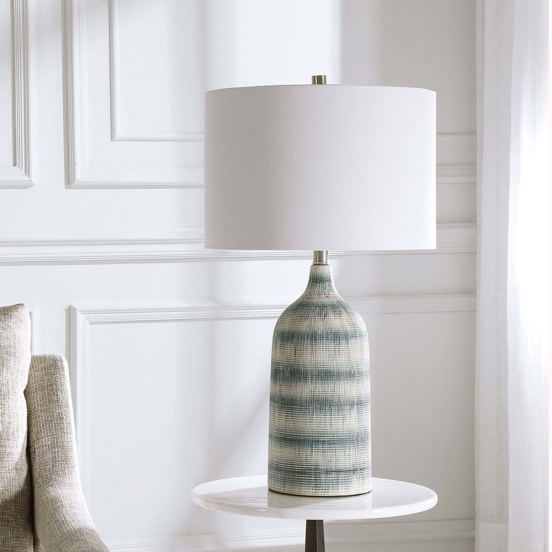 Decor Market Textured Ceramic Table Lamp With A Mixture Of Blue And White Asymmetrical Stripes
