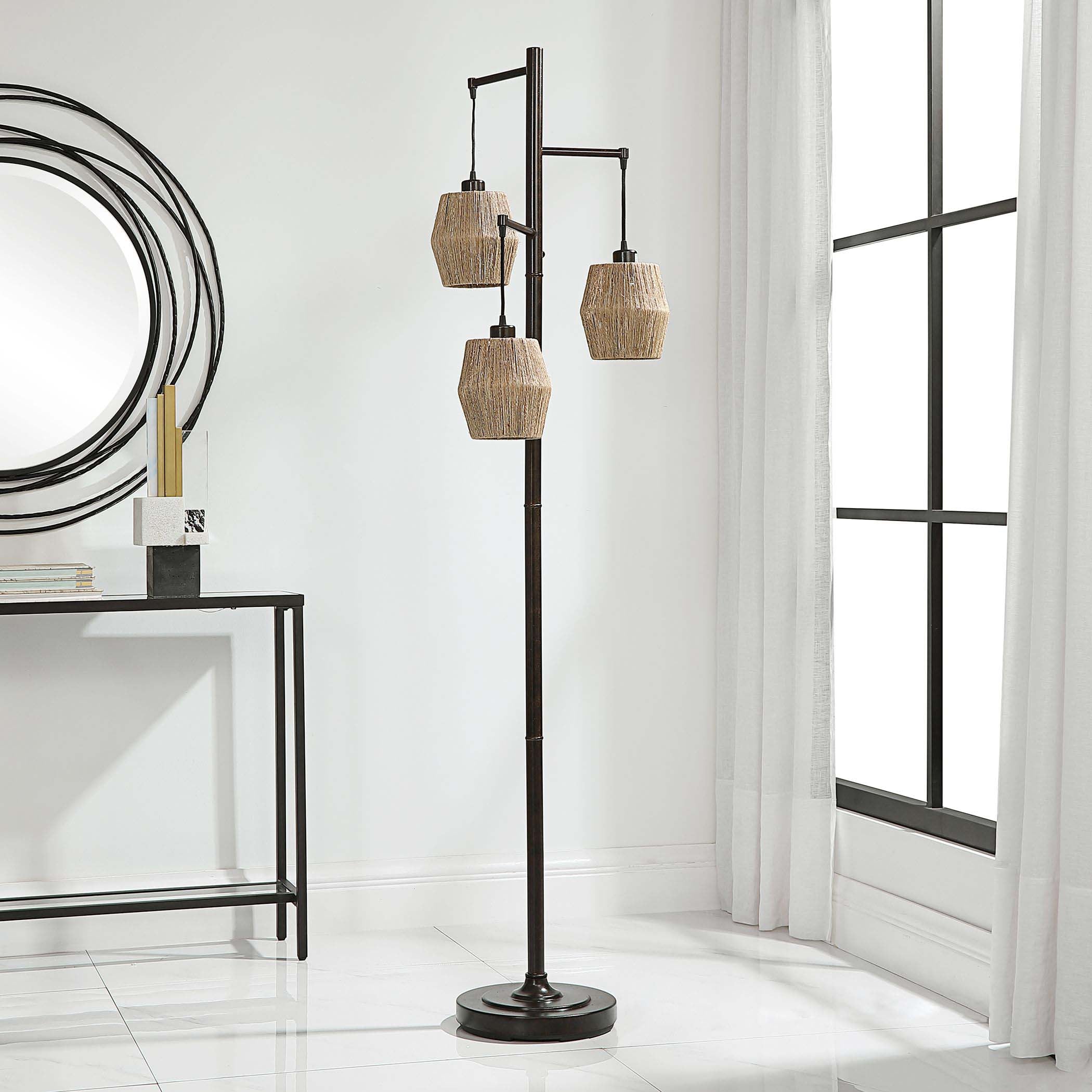 Decor Market Oil Rubbed Bronze Finish With Gold Highlights Floor Lamp - Three Drum Shaped Shades